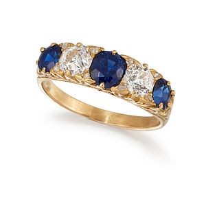 A FRENCH SAPPHIRE AND DIAMOND RING, the three cushion cut sapphires set bet