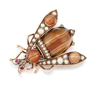 A 19TH CENTURY AGATE, DIAMOND, PEARL AND RUBY MOTH BROOCH, the naturalistic
