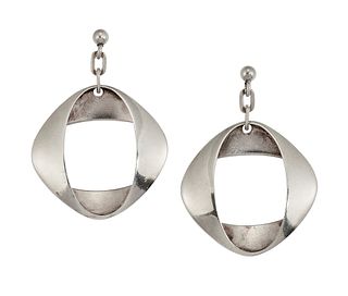 A PAIR OF GEORG JENSEN SILVER EARRINGS,?of abstract form on hoop screw fitt
