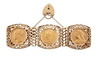 A SOVEREIGN BRACELET, the three gold sovereigns, 1878, 1899 and 1900, each 