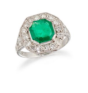 A FRENCH 14CT EMERALD AND DIAMOND RING, the octagonal emerald, 1.42cts, in 