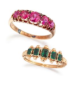 AN EMERALD RING AND A SYNTHETIC RUBY RING, the five stone emerald ring in r