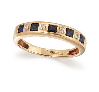 A 9CT SAPPHIRE AND DIAMOND HALF ETERNITY RING, the square step cut sapphire