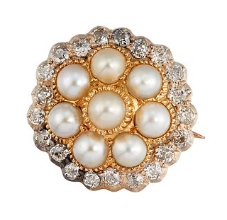 A DIAMOND AND SPLIT PEARL BROOCH/PENDANT, the central split pearl, in textu