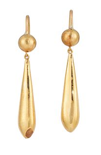A PAIR OF GOLD EARRINGS, the lozenge drop earrings, suspended beneath a sph