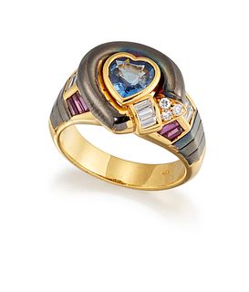 AN 18CT SAPPHIRE, RUBY AND DIAMOND HEART SHAPED RING, the central heart sha