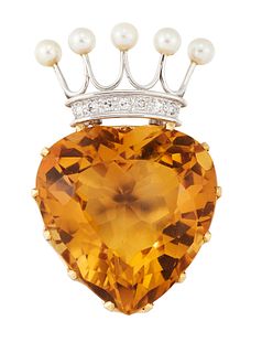 A 9CT CITRINE, DIAMOND AND CULTURED PEARL HEART AND CROWN BROOCH, the facet