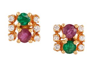 A PAIR OF '21K' DIAMOND, RUBY AND EMERALD EARRINGS, the round faceted rubie