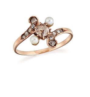A 14CT CULTURED PEARL AND DIAMOND RING, the centre set with an old mine cut