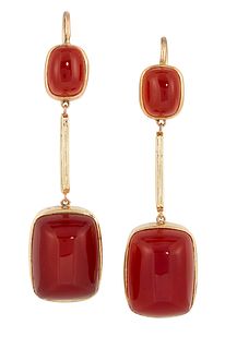 A PAIR OF CARNELIAN EARRINGS, the rectangular sugar loaf cabochons separate