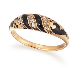 AN ENAMEL AND DIAMOND RING, set with three small curved strips set with sma