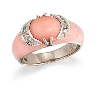 AN 18CT WHITE GOLD CORAL, DIAMOND AND ENAMEL RING, the oval coral cabochon 