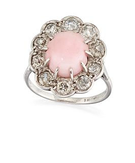 AN 18CT WHITE GOLD CONCH PEARL AND DIAMOND CLUSTER RING, the oval pale pink