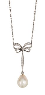 A NATURAL SALTWATER PEARL AND DIAMOND BOW PENDANT NECKLACE, the oval natura