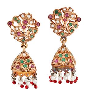 A PAIR OF RUBY, EMERALD AND CULTURED PEARL INDIAN STYLE EARRINGS, the fretw