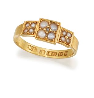 A HALF PEARL AND DIAMOND RING, 1884
 The 15 carat gold mount, inset with cl