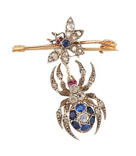 A 19TH CENTURY DIAMOND, SAPPHIRE, RUBY AND SEED PEARL SPIDER AND FLY BROOCH