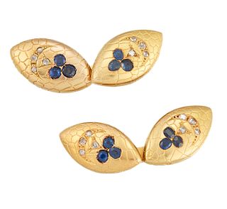 A PAIR OF SAPPHIRE AND DIAMOND CUFFLINKS, the pointed oval shape cufflinks 