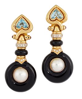 A PAIR OF 18CT TOPAZ, DIAMOND, ONYX AND CULTURED PEARL EARRINGS, the blue t