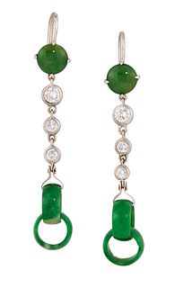 A PAIR OF JADE AND DIAMOND EARRINGS, the upper round cabochon of jade with 