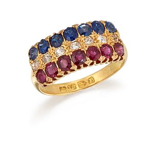 A LATE VICTORIAN SAPPHIRE, RUBY AND DIAMOND RING, the three rows of round s