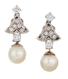 A PAIR OF CULTURED PEARL AND DIAMOND EARRINGS, the off-round cultured pearl