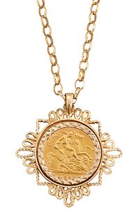 A 1982 SOVEREIGN PENDANT NECKLACE, the 1982 sovereign in 9ct gold decorativ