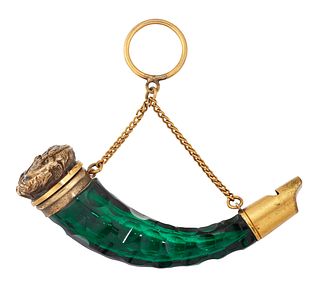 A NOVELTY SCENT BOTTLE-WHISTLE, the green glass horn of plenty style bottle