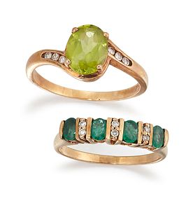 TWO 9CT DIAMOND AND GEMSET RINGS, the first a four stone emerald and diamon