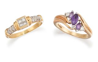 AN 18CT DIAMOND RING AND A 9CT AMETHYST RING, the diamond ring set to centr