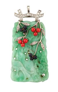 AN EARLY 20TH CENTURY JADE, DIAMOND, CORAL AND ONYX PENDANT/BROOCH,?the car
