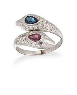 A SAPPHIRE, RUBY AND DIAMOND DOUBLE SNAKE HEAD RING, the overlapping snake 