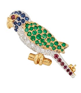AN 18CT MULTI-GEMSET PARROT BROOCH, the parrot body and head pave set with 