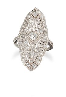 A BELLE EPOQUE STYLE PLATINUM DIAMOND RING, the marquise shaped plaque set 