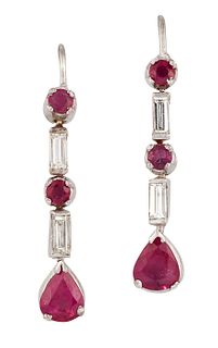 A PAIR OF RUBY AND DIAMOND EARRINGS, comprised of two round rubies separate