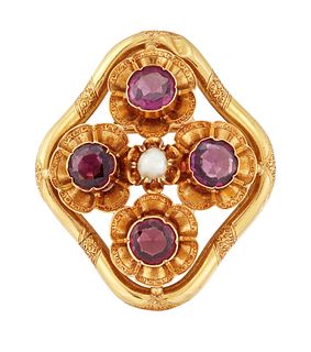 A? RUBY AND PEARL BROOCH,?the four round faceted rubies, collet mounted wit