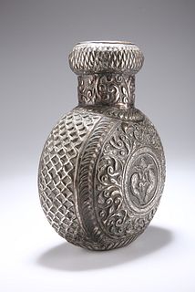 A PERSIAN WHITE-METAL FLASK, probably 19th Century, chased with scrolling f