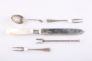 A GROUP OF SILVER, including a mother-of-pearl handled knife,?by?John Sande