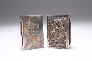 TWO CHINESE SILVER MATCHBOX SLEEVES, the first engraved with Pegasus, the s
