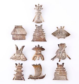 A SET OF TEN CHINESE SILVER PLACE CARD HOLDERS, each with easel back, desig
