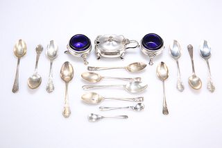 A GROUP OF SILVER, comprising two salts with blue-glass liners, mustard and