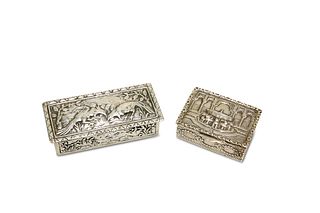 TWO CONTINENTAL SILVER BOXES, probably Italian, rectangular, the first chas