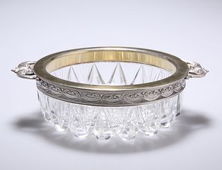 A RUSSIAN SILVER-MOUNTED CUT-GLASS DISH, circular, pierced leaf-form handle