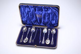 A SET OF SIX LATE VICTORIAN SILVER TEASPOONS WITH TONGS, by?Isaac Ellis & S