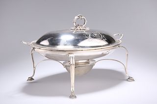 A GEORGE III SILVER TWIN HANDLED CHAFING DISH ON STAND, by John Schofield L