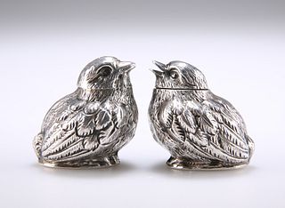 A PAIR OF EDWARDIAN SILVER NOVELTY SALT AND PEPPER POTS,?by Sampson Mordan 