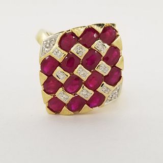 10K Gold Ruby & Diamond Checkered Ring