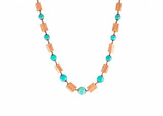 COLLIER WITH TURQUOISE AND GOLD CYLINDERS