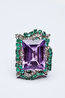 RING WITH AMETHYST, EMERALDS, AND DIAMONDS