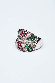 GRADUATED BAND RING WITH SAPPHIRES, RUBIES, AND EMERALDS